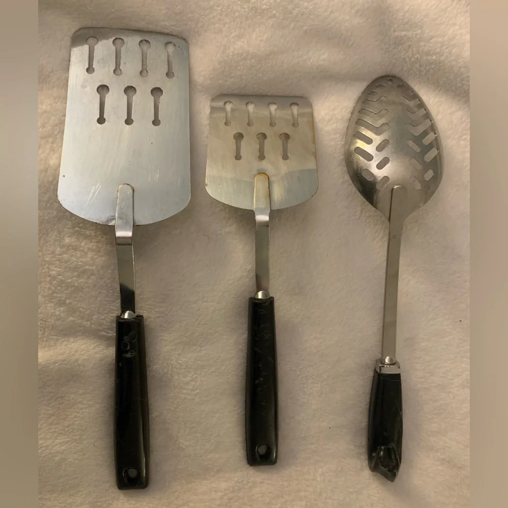 Vtg Ecko Lot of 3 Spatula Turner Keyhole Slot Utensils Black Handle Made in USA